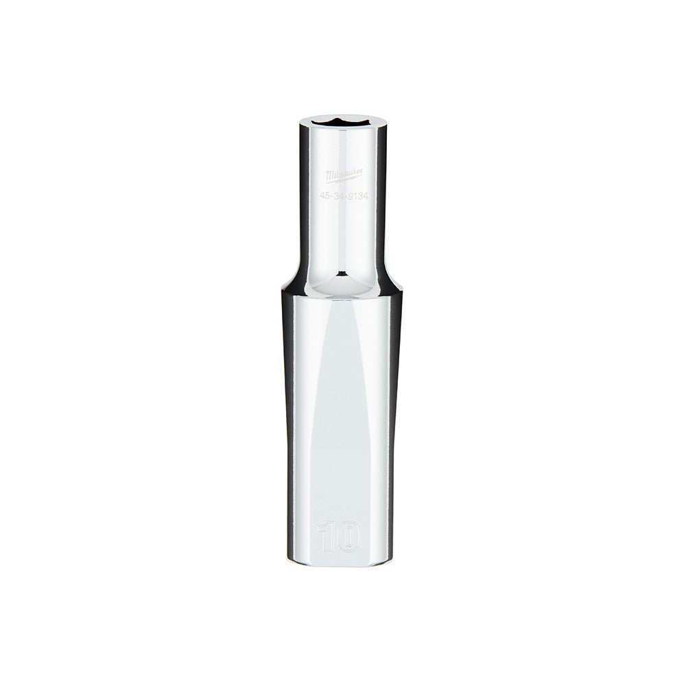 Silver Milwaukee deep socket with black grip sides and 10MM hexagonal opening for 1/2 inch drive.
