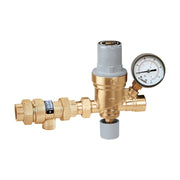 Brass automatic fill valve with 1/2 inch connections, pressure gauge, and gray top cap.