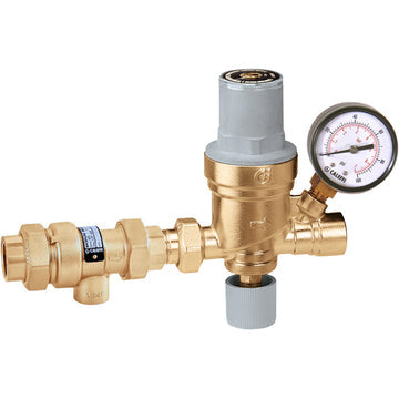 Brass automatic fill valve with pressure gauge and compression fittings for 1/2 inch connection.