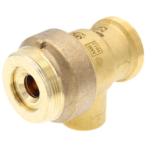 Caleffi 573 brass replacement body with threaded ports and internal copper connection fitting.