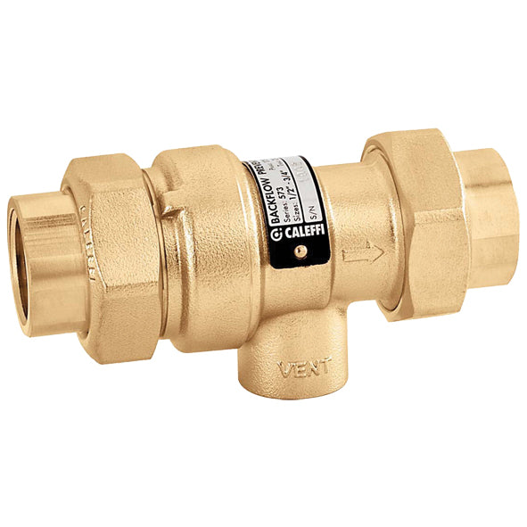 Brass backflow preventer with 3/4" NPT threaded connections, black Caleffi label band, and vent outlet.