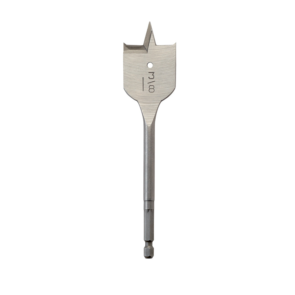 Flat boring bit with pointed star-shaped head and cylindrical shaft marked "1-3/8" with hex end attachment.