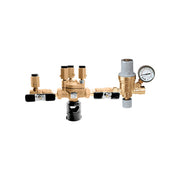 Brass automatic fill valve assembly with 1/2 inch NPT connections, pressure gauge, and adjustment components.