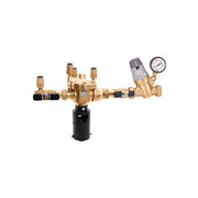 Brass manifold assembly with black valve body, multiple connection ports, pressure gauge, and flow control mechanisms.