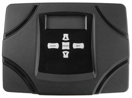 Black and gray water filtration system control panel with digital display and buttons labeled Clock, Regen, and Next.