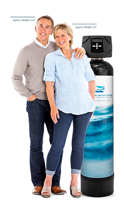 Couple standing next to tall cylindrical water filtration system with black top unit and white tank base.