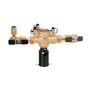 Brass backflow preventer with 1-1/4" press connections, dual check valves, and black isolation ball valves.
