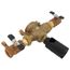 Brass backflow preventer valve with 1-1/4" threaded ports and black handle lever.