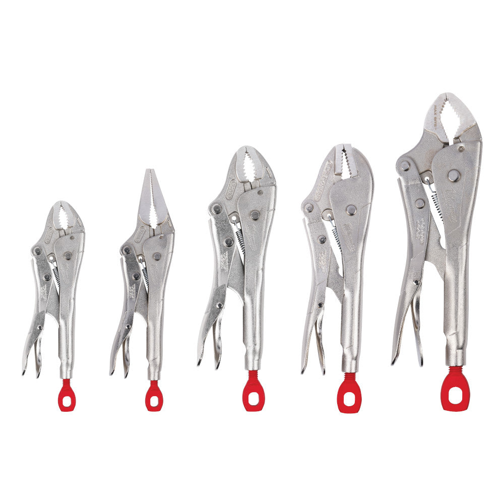 Five metal locking pliers in varying sizes with red handles arranged from smallest to largest.