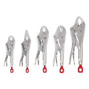 Five metal locking pliers in varying sizes with red handles arranged from smallest to largest.