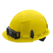 Yellow hard hat with black ratcheting suspension system and front brim.