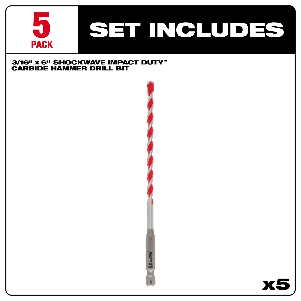 Single 3/16 in. carbide hammer drill bit with red and silver spiral flutes and gray hex shank.