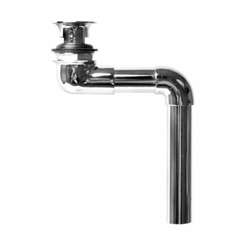 Chrome offset grid drain assembly with angled pipe connector and valve top for commercial lavatory sink installation.