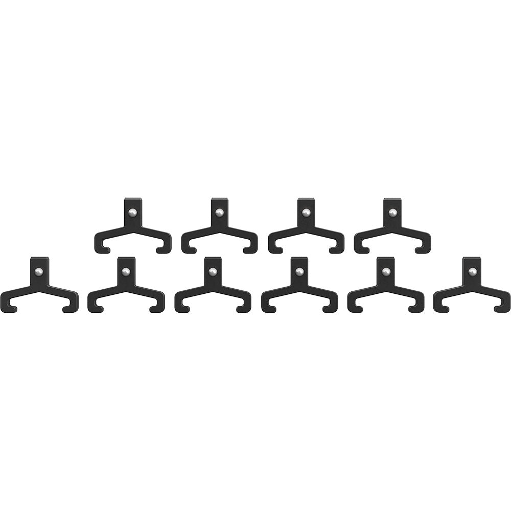 Ten black plastic socket rail clips with mounting holes arranged in two rows.
