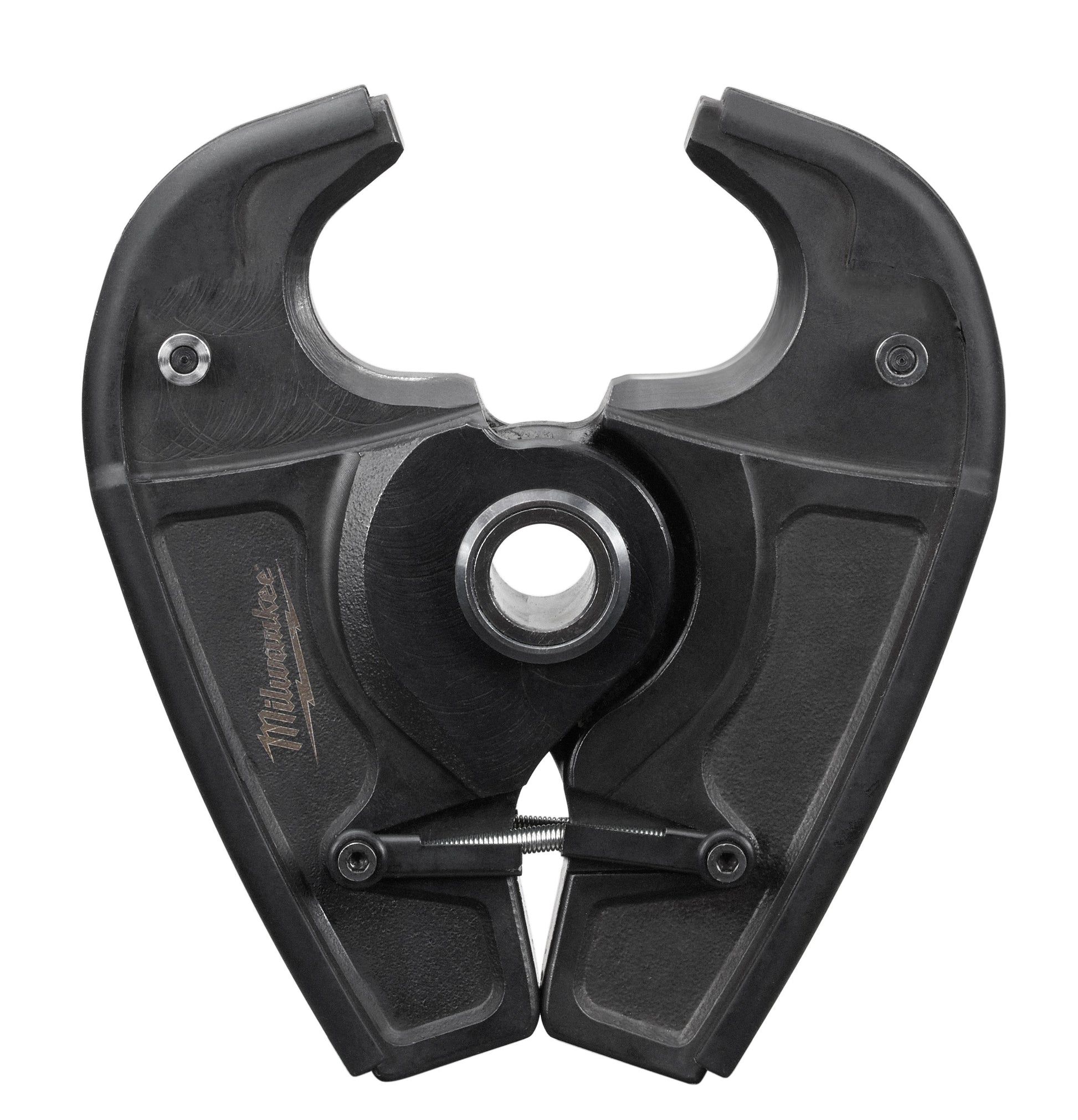 Black metal crimping jaw with curved upper arms, central mounting hole, and serrated lower crimping surfaces.