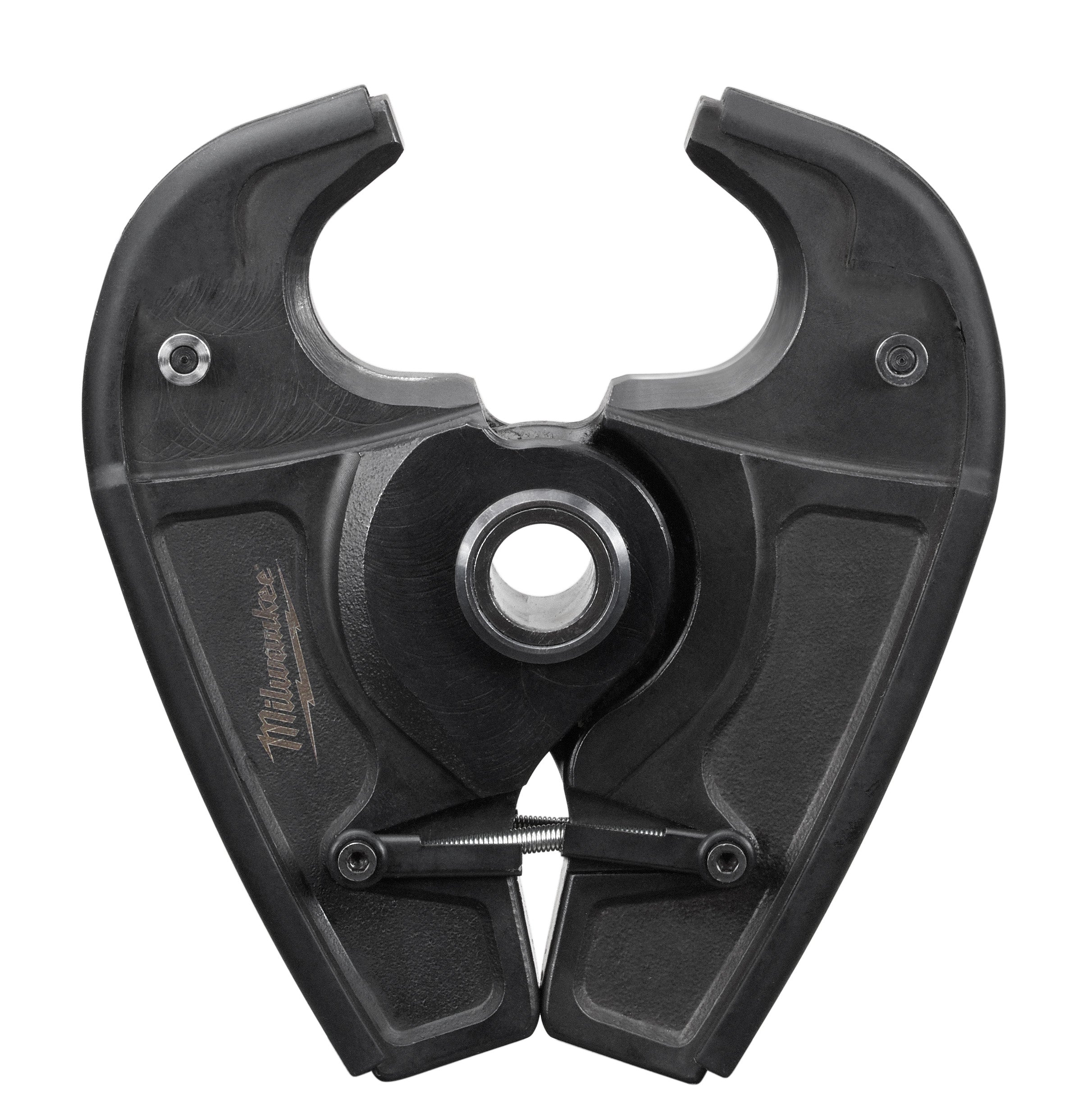 Black metal crimping jaw with curved upper arms, central mounting hole, and serrated lower crimping surfaces.