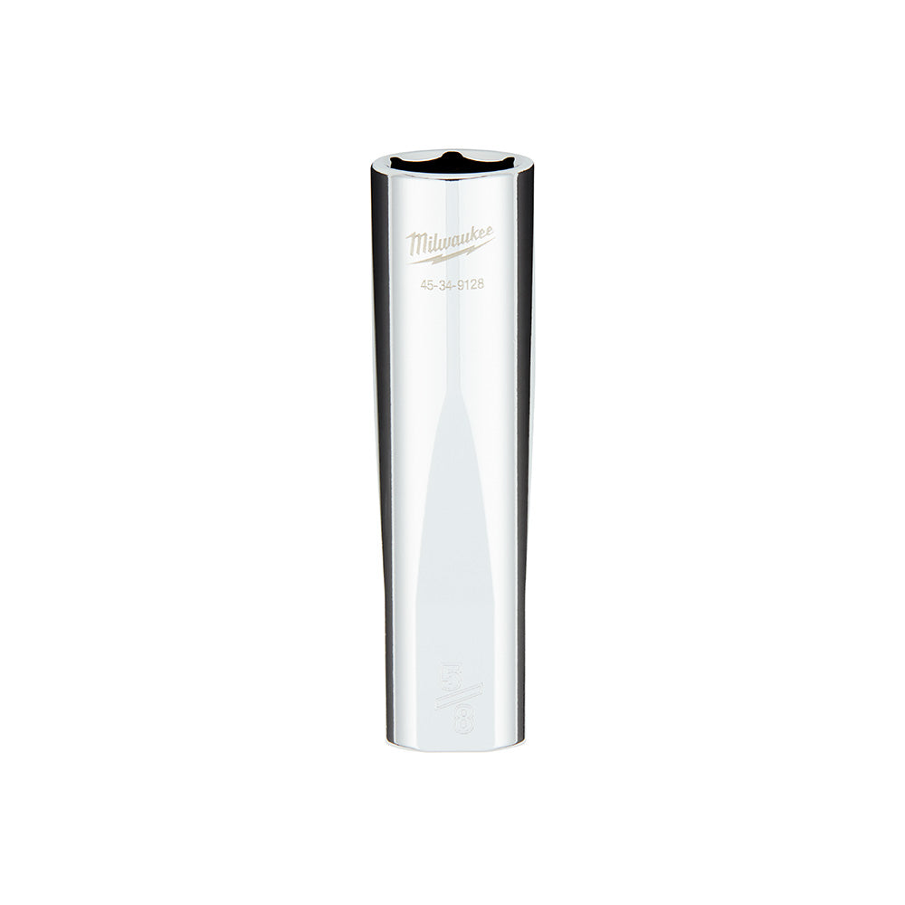 Milwaukee 1/2 in. drive 5/8 in. SAE 6-point deep socket with four flat sides, polished chrome finish.
