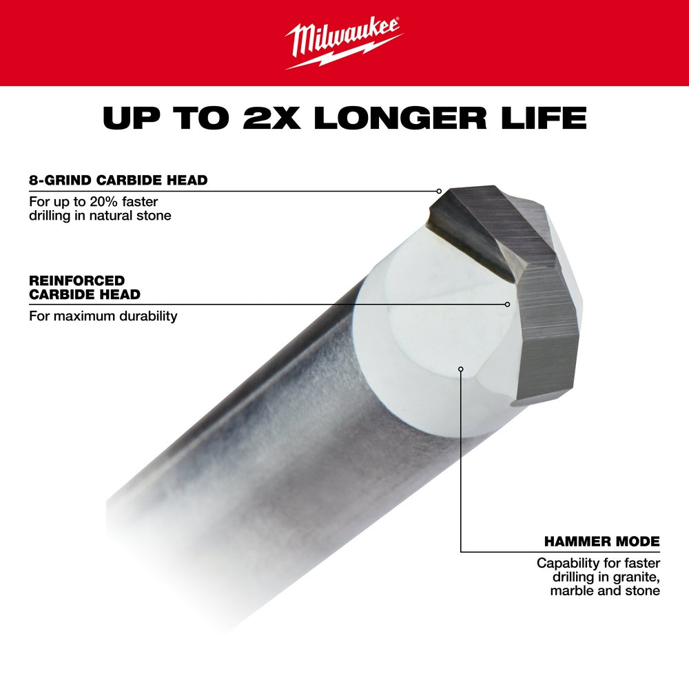 3/8 in. tile and natural stone drill bit with 8-grind carbide head and reinforced carbide construction.