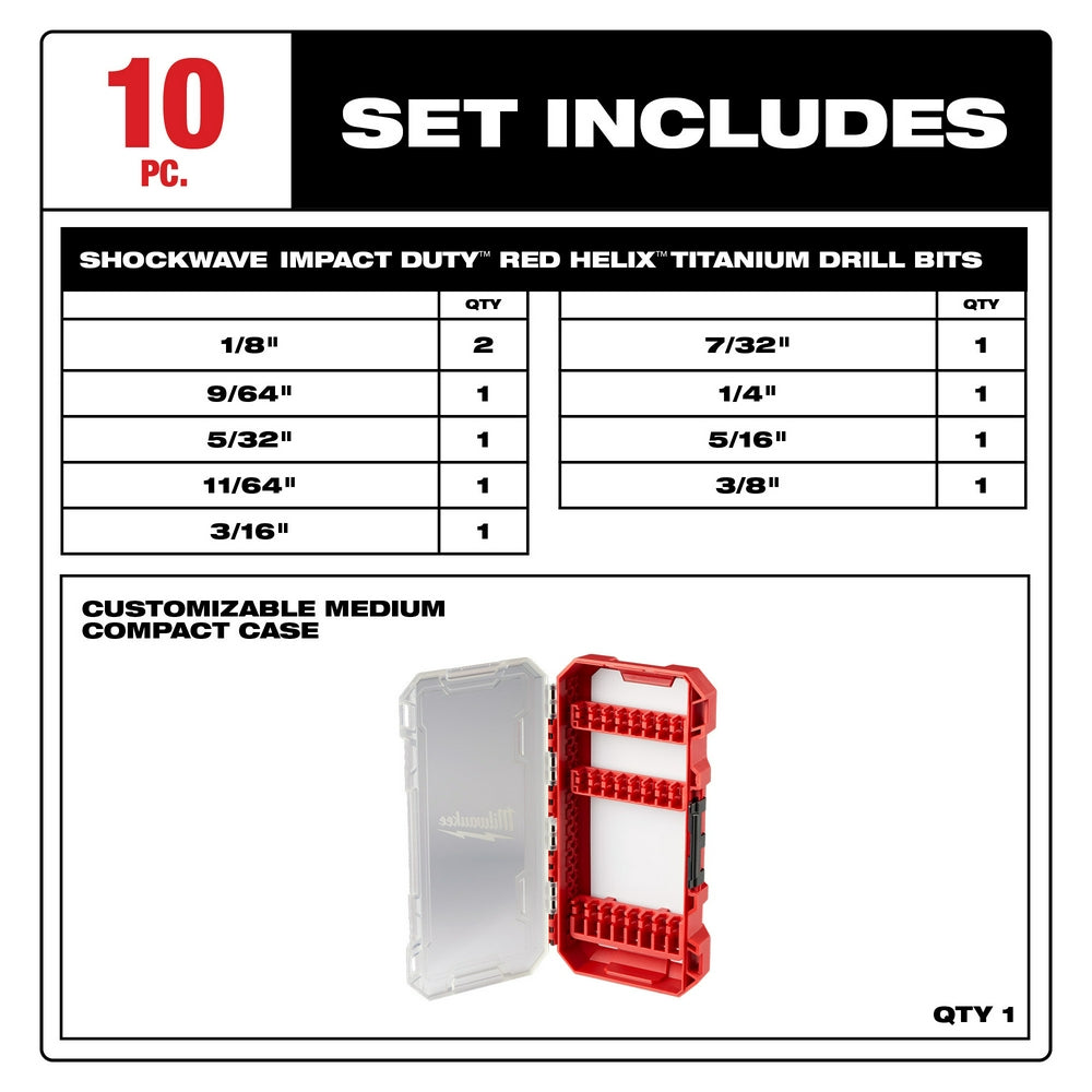 Ten-piece titanium drill bit set with red compact carrying case showing bit sizes from 1/8" to 3/8".