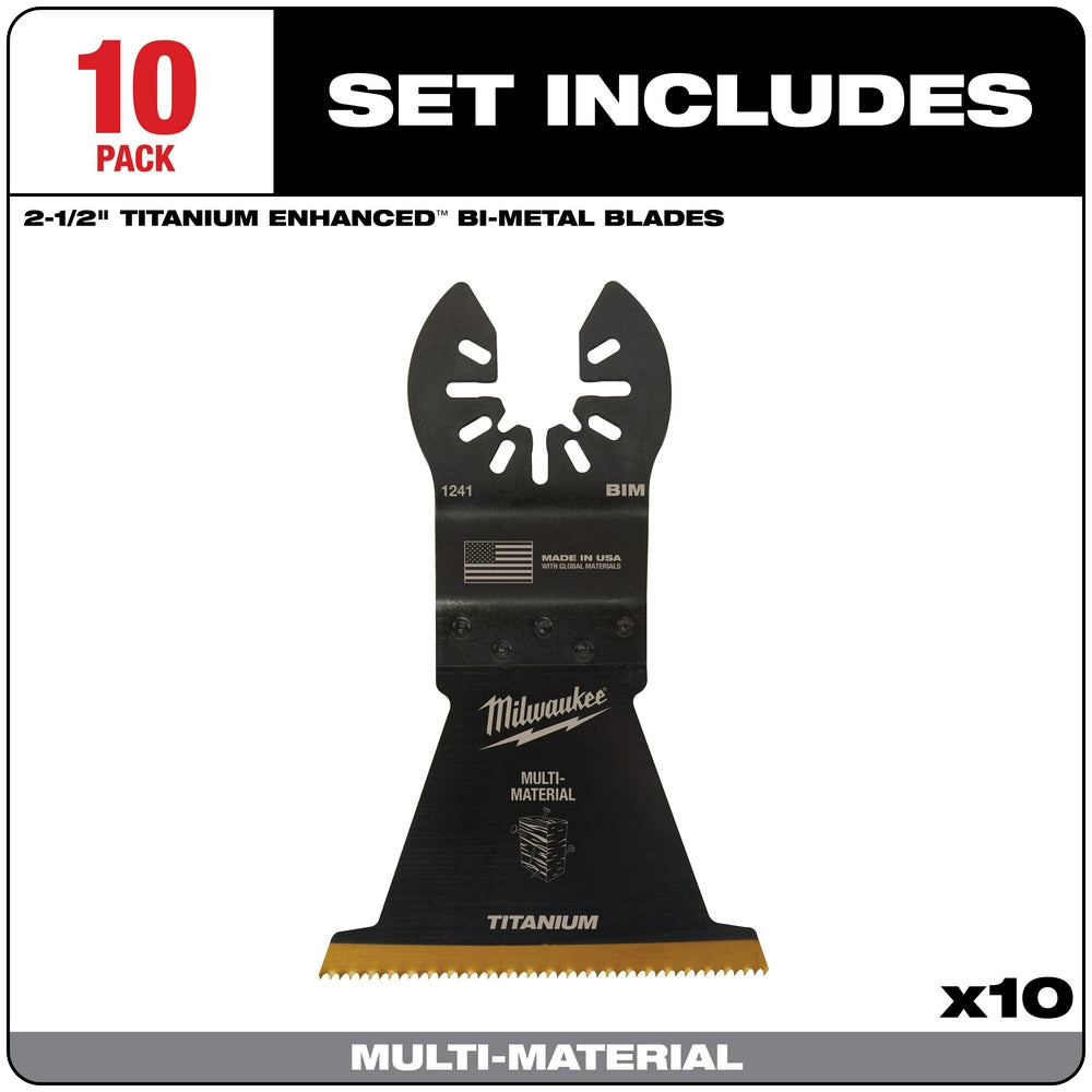 Black titanium enhanced bi-metal oscillating saw blade with slots and serrated cutting edge, labeled 2-1/2" size.