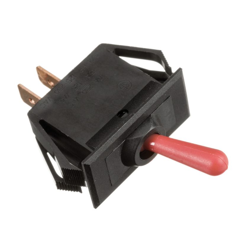 Black toggle switch with red handle and two brass terminals protruding from top.
