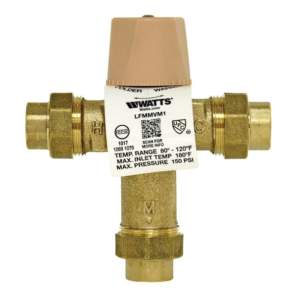 Watts 1" Lead Free Thermostatic Mixing Valve with Solder Union End Connections, Adjustable Out 80-120 F - 0559121
