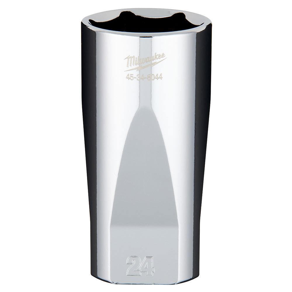 Chrome 24mm deep socket with 3/8" drive and black rubber grip band, Milwaukee branding visible.