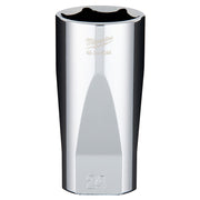 Chrome 24mm deep socket with 3/8" drive and black rubber grip band, Milwaukee branding visible.