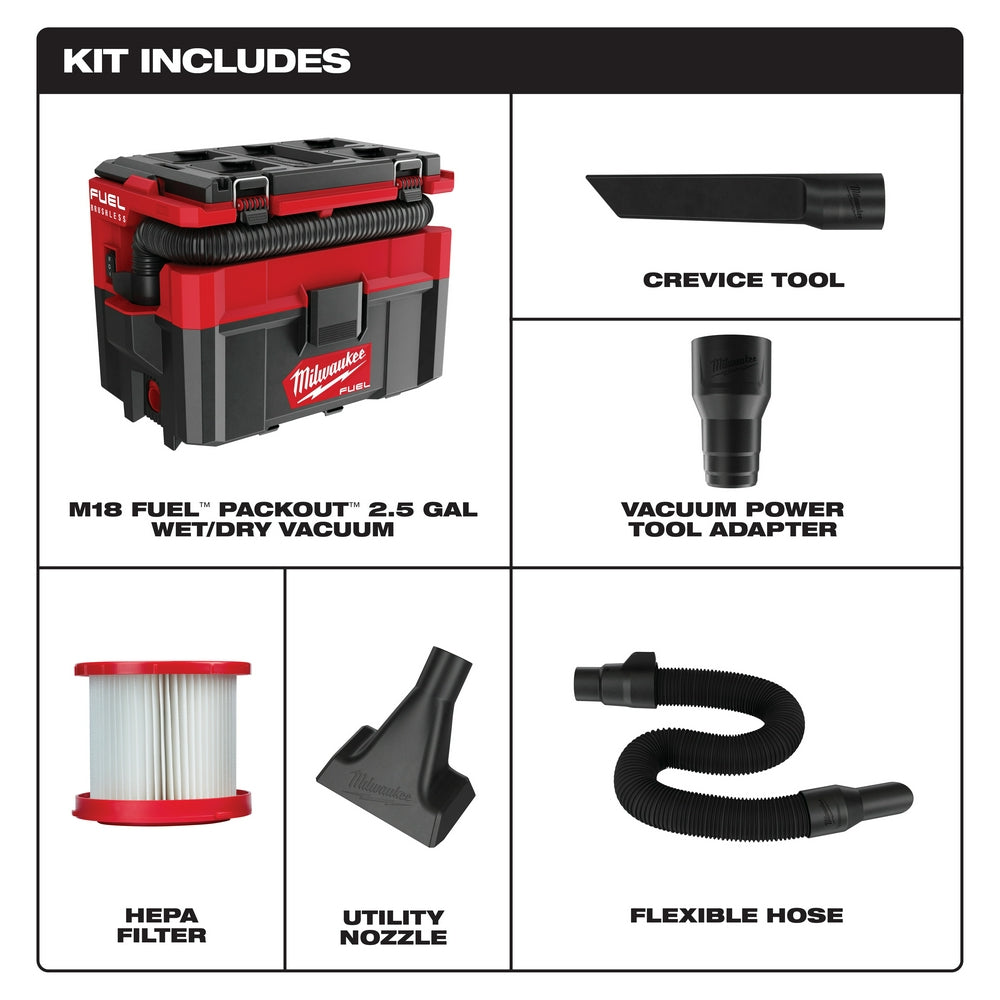 Milwaukee M18 FUEL PACKOUT wet/dry vacuum with crevice tool, power tool adapter, HEPA filter, utility nozzle, and flexible ho