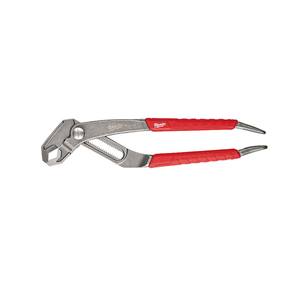 Milwaukee hex-jaw pliers with metal jaws, red rubber handles, and adjustable opening mechanism.
