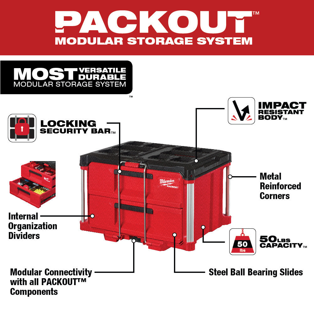 Red and black Milwaukee PACKOUT 2-drawer tool box with metal reinforced corners, locking security bar, and steel ball bearing