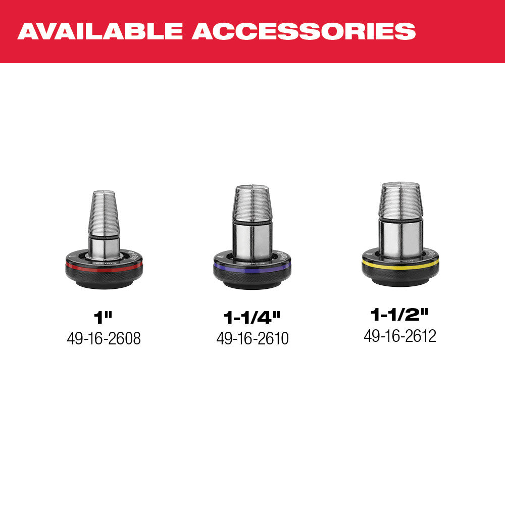 Three ProPEX expansion tool heads in 1", 1-1/4", and 1-1/2" sizes with color-coded bases.