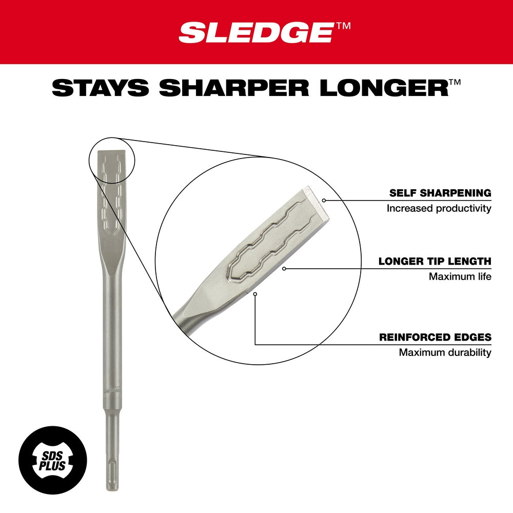 Stainless steel SDS Plus flat chisel with 3/4 inch width and extended tip length, featuring reinforced edges and self-sharpen