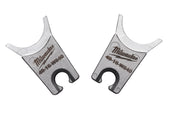 Milwaukee 49-16-W840 die set with two metal stamping dies featuring curved tops and central openings.
