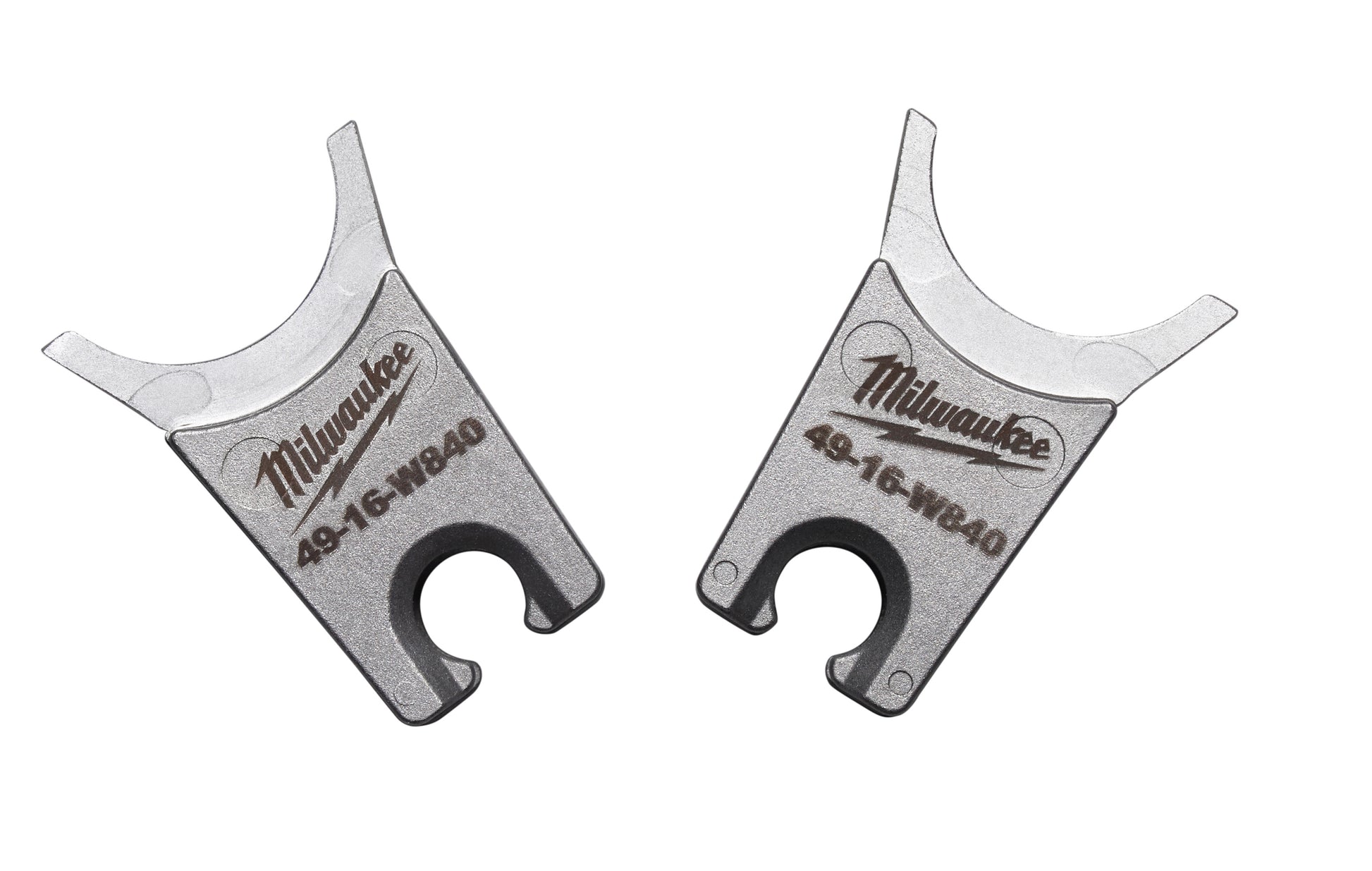 Milwaukee 49-16-W840 die set with two metal stamping dies featuring curved tops and central openings.