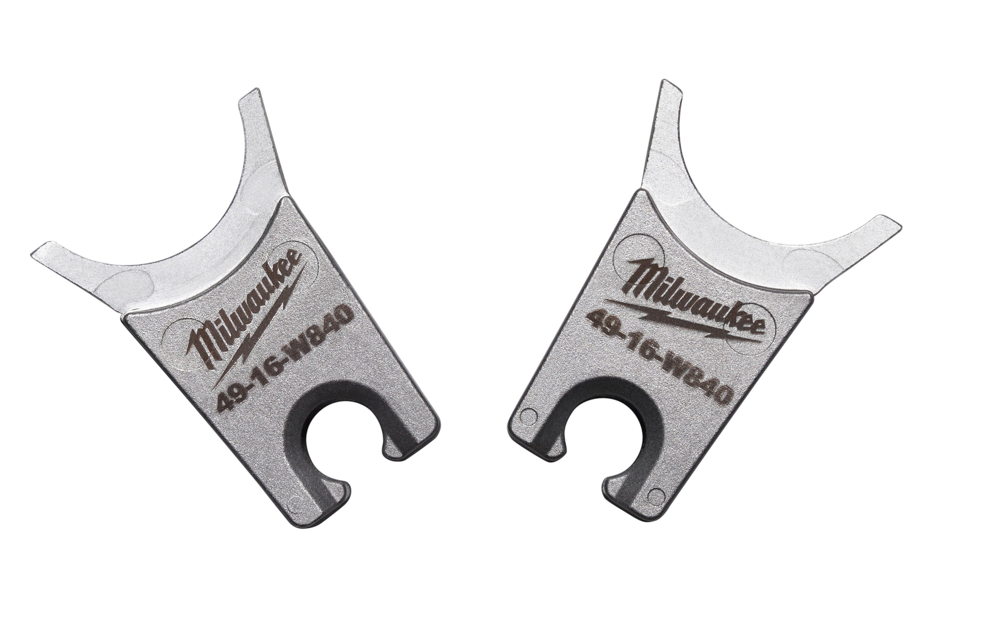 Milwaukee 49-16-W840 die set with two metal stamping dies featuring curved tops and central openings.