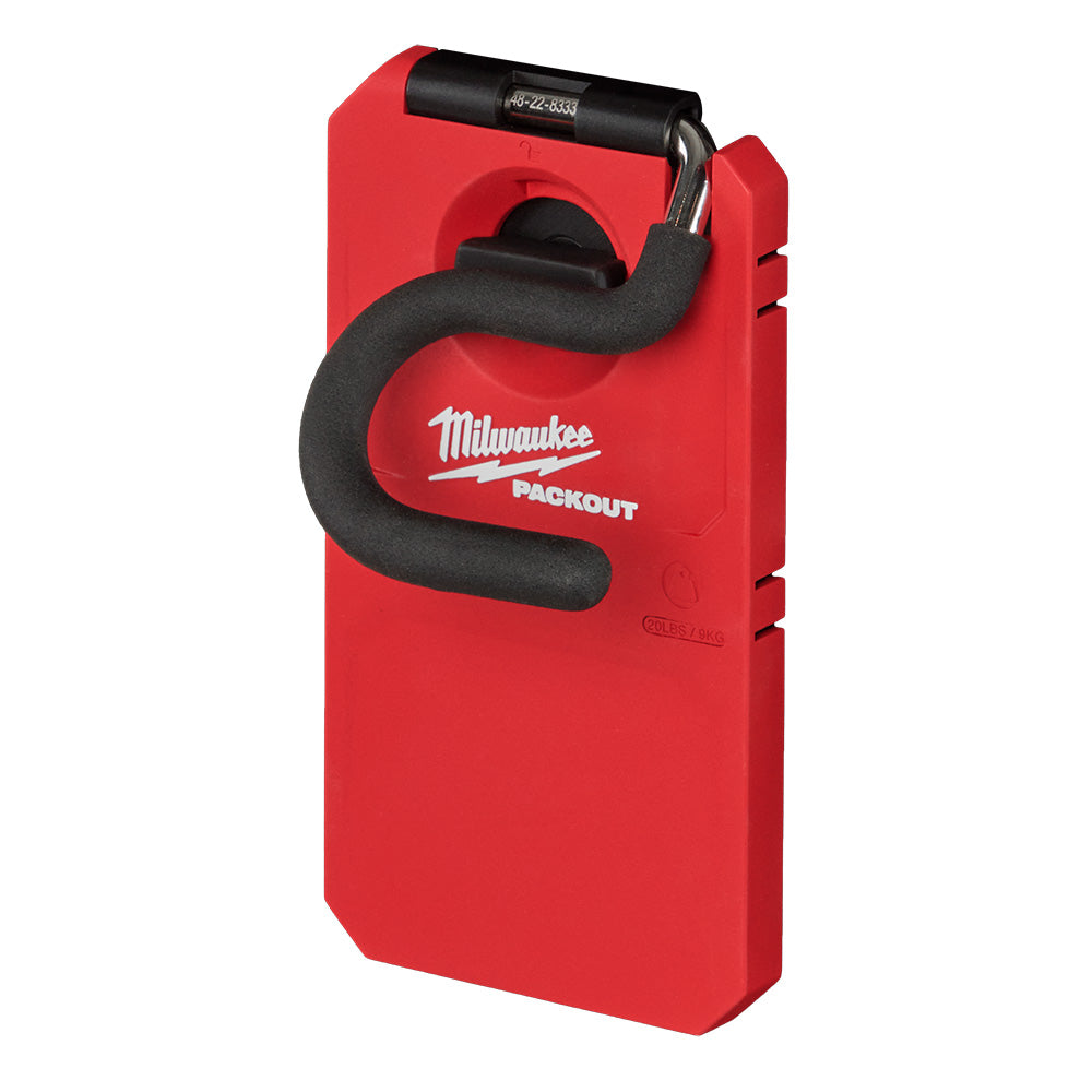 Milwaukee PACKOUT 4" S-Hook with red mounting plate and black foam-padded hook attached to storage system.