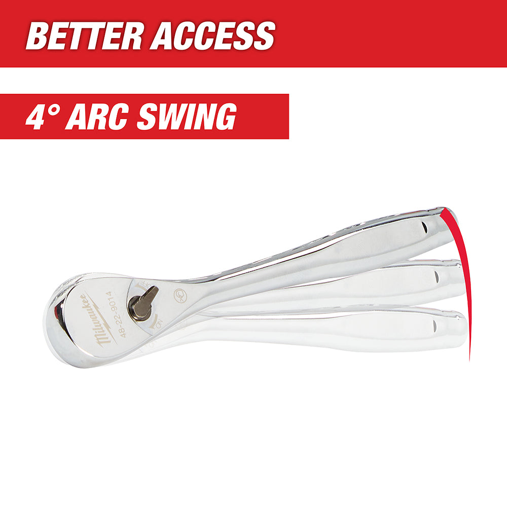 Milwaukee 3/8 inch drive ratchet with white and red handle and 4 degree arc swing mechanism.