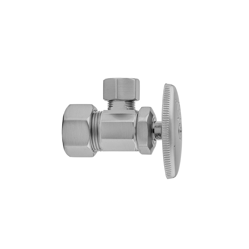 Polished brass angle valve with hexagonal compression fitting on left, supply outlet on top, and oval handle on right.