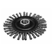 Circular stainless steel wire wheel brush with twisted bristles radiating outward and center mounting nut.