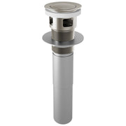 Nickel push button pop-up drain assembly with overflow holes and threaded barrel for sink installation.
