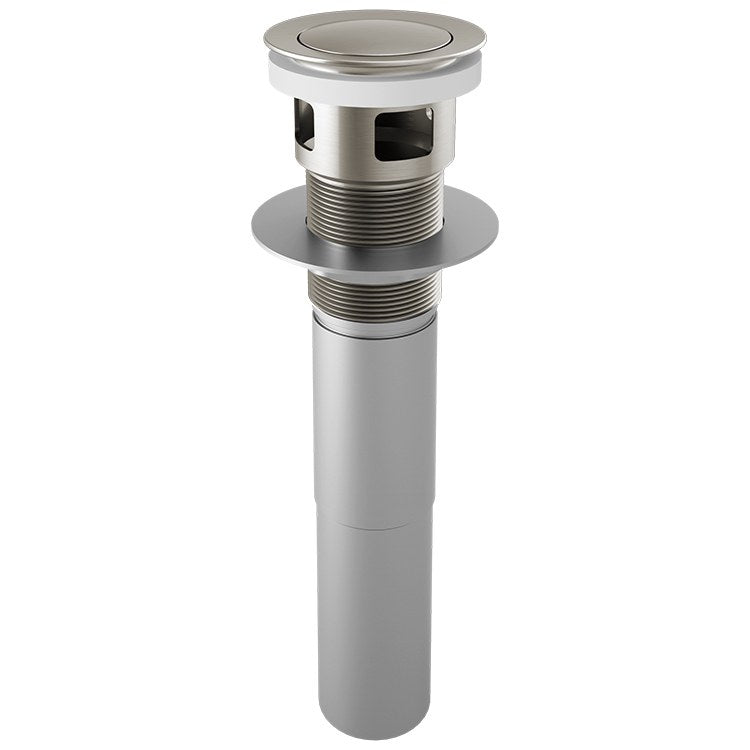 Nickel push button pop-up drain assembly with overflow holes and threaded barrel for sink installation.