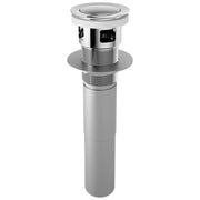 Chrome push button pop-up drain with overflow for bathroom sink, shown from above with cylindrical body and threaded connecti
