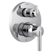Delta Trinsic chrome shower valve trim with two lever handles and integrated diverter control on oval escutcheon plate.