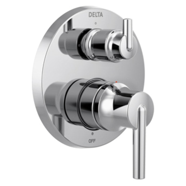 Delta Trinsic chrome shower valve trim with two lever handles and integrated diverter control on oval escutcheon plate.
