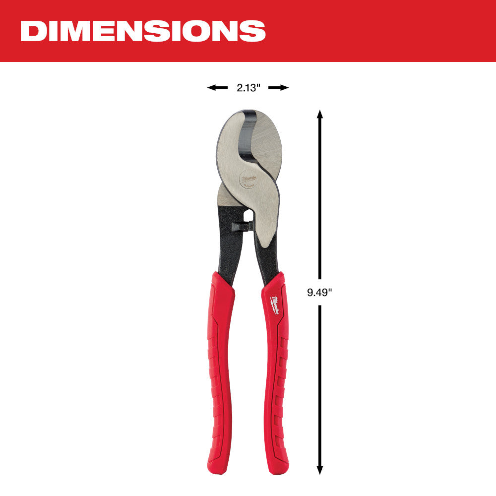 Red and black cable cutting pliers with metal head and curved cutting jaws, 9.49 inches long.