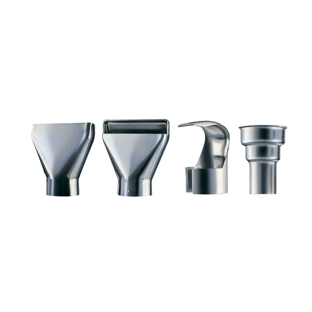 Four metallic heat gun nozzle attachments in varying shapes: two flat nozzles, one curved nozzle, and one cylindrical nozzle.