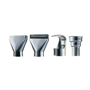 Four metallic heat gun nozzle attachments in varying shapes: two flat nozzles, one curved nozzle, and one cylindrical nozzle.