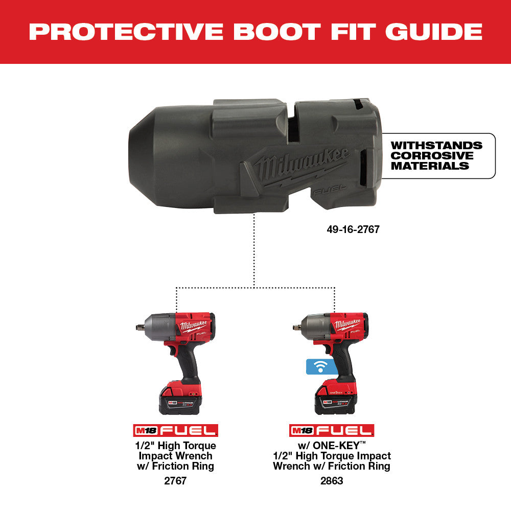 Black protective boot with Milwaukee branding showing compatibility guide for M18 FUEL impact wrenches.