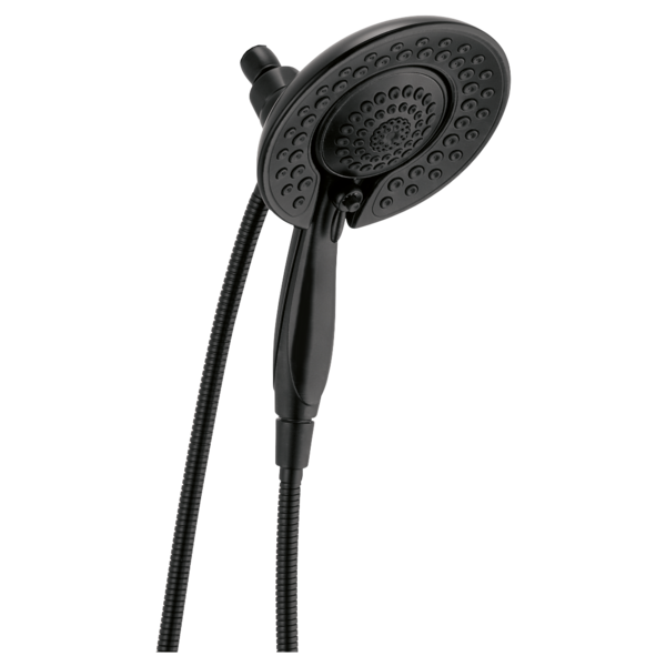 Black two-in-one showerhead with handheld spray attachment and flexible hose against white background.
